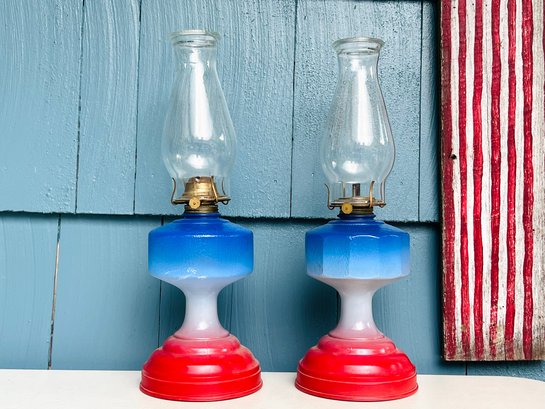 Vintage Red, White & Blue Hurricane Lamps