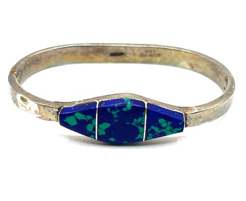 Vintage MEXICAN Sterling Silver Azurite Malachite Stone Hinged Bracelet