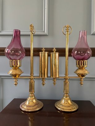 Pair Of Brass And Glass, Antique Style Candle Holders With Purple Glass Shades. 18' Tall