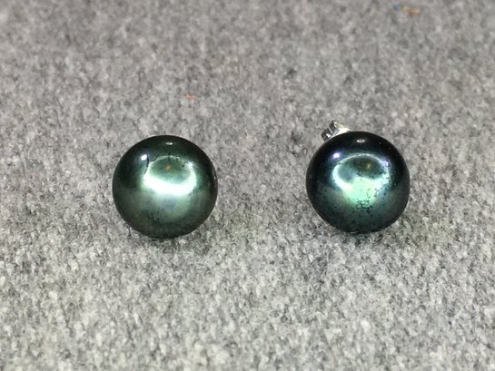 Very Pretty Genuine Cultured Baroque Dark Green Pearl Earrings With Sterling Silver / 925 Mounts / Backs