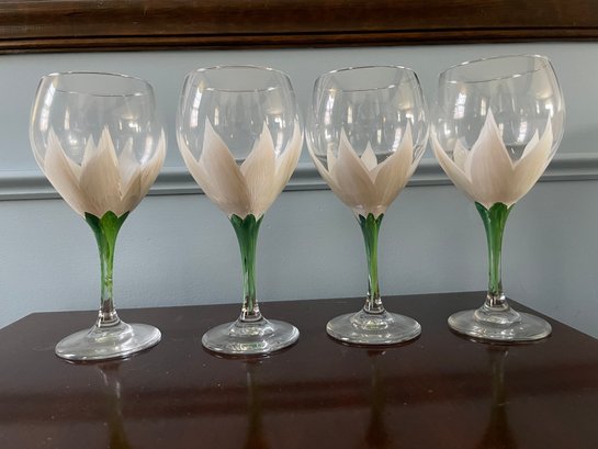 Set Of Four Hand Painted Wine  Glasses. 8.5' Tall