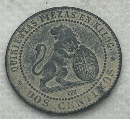 1870 Spanish 2 Centimos Bronze Coin
