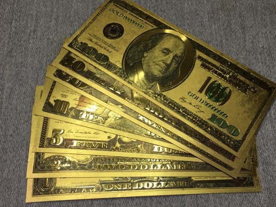 Lot Of Seven (7) .999 / 24K Gold Foil Banknotes - Very Interesting Lot - $1 $2 $5 $10 $20 $50 $100 - NICE !
