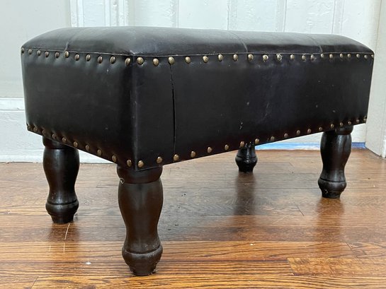 An Antique Footstool - Leather With Nailhead Trim