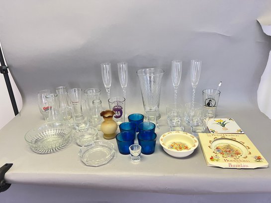 Large Lot Of Decorative Glassware Including Vases, Champagne Flutes, Royal Doulton Bunnykinz