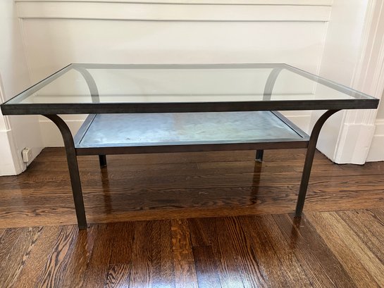 Crate & Barrel Style Rustic Glass And Metal Coffee Table