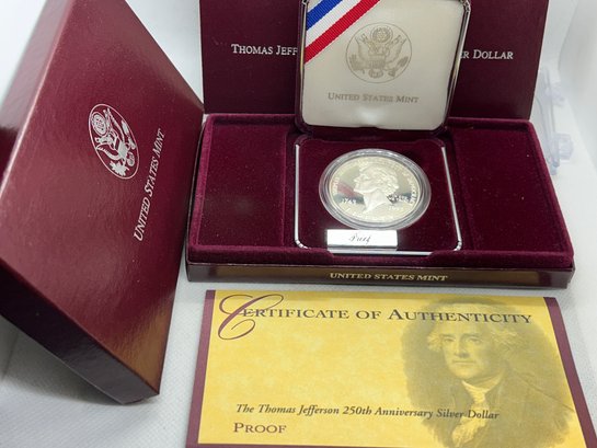 Mint Uncirculated THOMAS JEFFERSON 250th ANNIVERSARY SILVER DOLLAR PROOF
