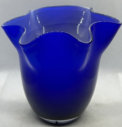 Vintage Cobalt Blue Ruffled Art Glass Vase- Possibly Murano