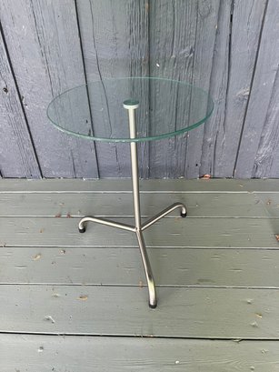 -Modern Brushed Chrome And Glass Accent Side Table  14.5' Round
