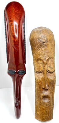 2 Vintage Hand-Carved African Wood Masks, One Tropical Hardwood