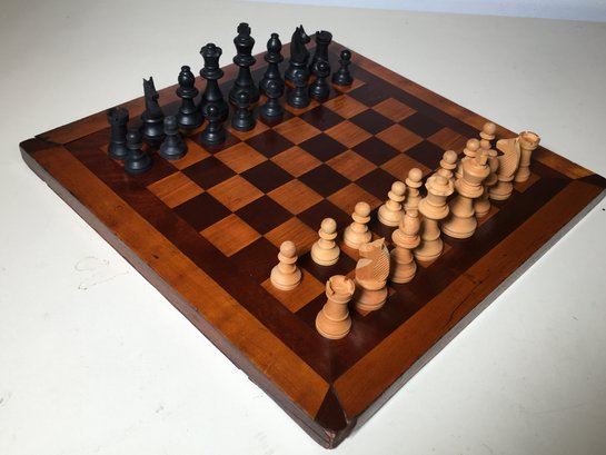 Lovely Antique Chess Set - All Hand Carved Pieces - Board Measures -  13' X 13' - Fabulous Patina - Nice !