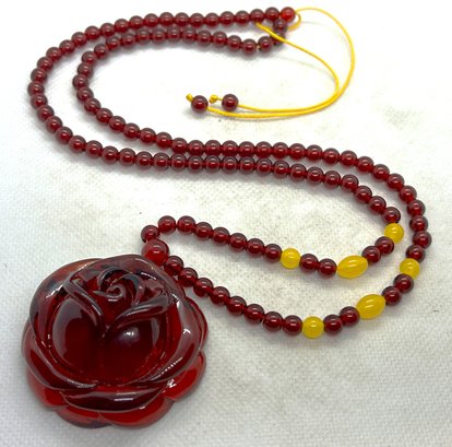 Fine CHERRY AMBER Bead Necklace With Finely Carved Rose Pendant
