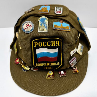 Over 20 Collectible Pins & 3 Patches On Vintage Russian Army Hat 1988