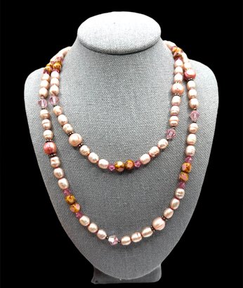 Beautiful Sterling Silver Long Multi Shades Of Pink Beaded Necklace
