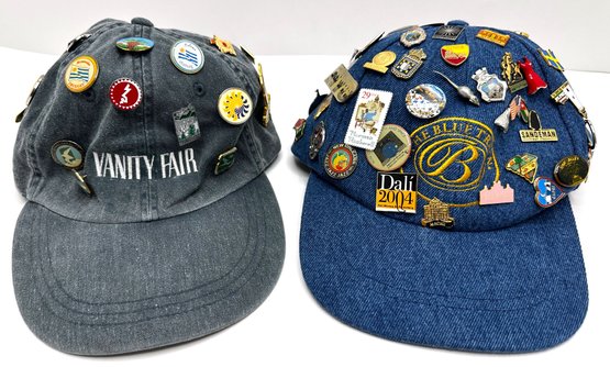 Over 70 Collectible Pins From World Travels On 2 Vintage Baseball Caps