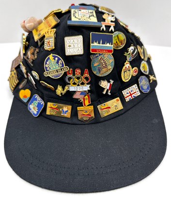 Over 70 Collectible Pins, Many From Barcelona &  Atlanta Olympics On Vintage Baseball Cap