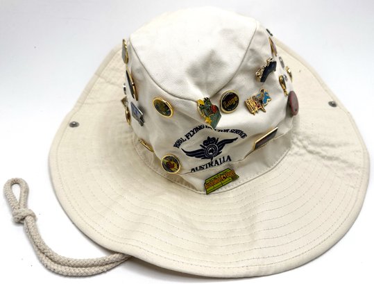 Over 30 Collectible Pins From Australian Travels On Vintage White Bucket Sunhat 2004
