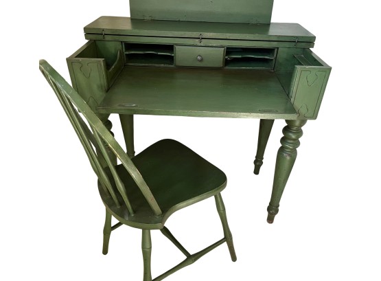 Petite Antiqued Green Painted Wooden Flip Top Writing Desk And Chair