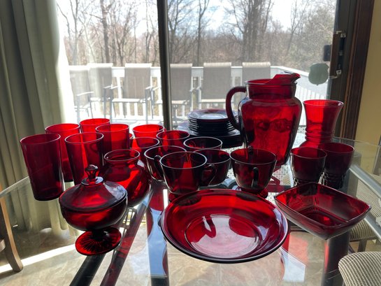 Collection Of Ruby Glass Dishware.