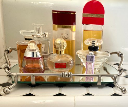 Eight Fine Perfumes On Mirrored Vanity Tray - Chanel, Cartier And More