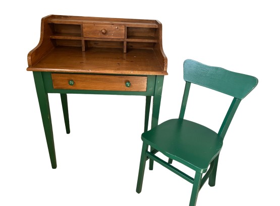 Green Painted Wood And Pine Wooden Child's Desk  And Matching Chair