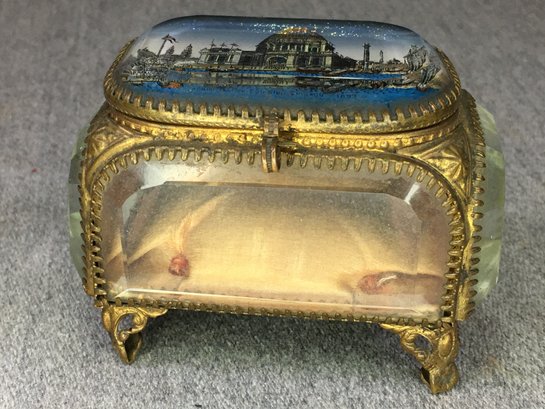 Incredible RARE Antique 1893 Chicago Worlds Fair Souvenir Jewelry Cask / Box - Reverse Painted - All Original