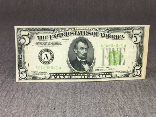 Beautiful 1934 $5 Bill - Bank Boston - Off Center - Nice Condition - Very Clean - Under Drawer For 50 Years !