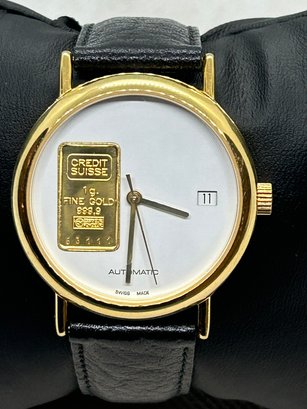 Very Fine CREDIT SUISSE MEN'S AUTOMATIC WRISTWATCH- Pure .999 GOLD INGOT In Dial