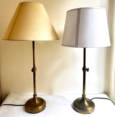 Two Adjustable Brass Table Lamps With Shades