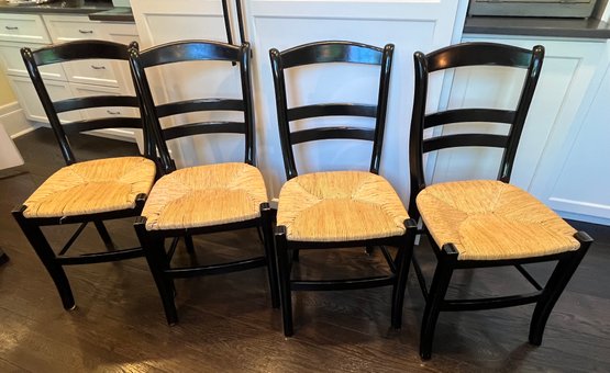 Set Of 4 Black Painted Pottery Barn Wood Chairs With Rush Seats