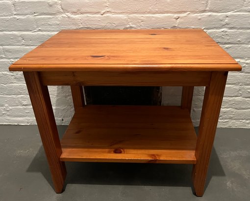 Wooden Pine Side Table Or Accent Table With One Lower Shelf - 1970s