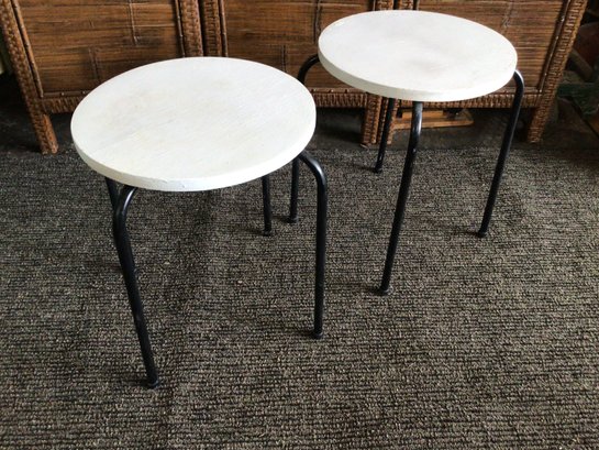 White Solid Wooden Top Stools/side Tables With Iron Legs