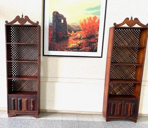 Pair Of Vintage Solid Wood Brazillian Room Dividers/bookcases W/ Doorfront Storage & Lattice Back By Riblo