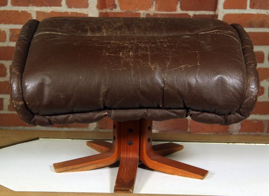 Danish Modern Brown Leather & Teak Ottoman
