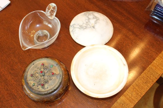 Marble Bowl W Lid And Other Dishes