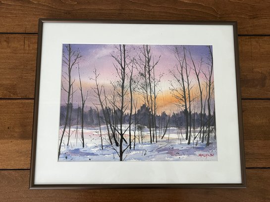 Original Winter Landscape Watercolor Painting By Mike Flynn In Copper Metal Frame