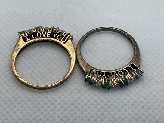Match Pair Of Vintage Gold Vermeil Sterling Silver Sweetheart Rings With Diamonds And Emeralds