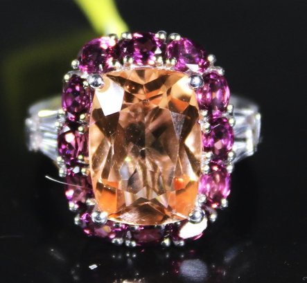 Pink Tourmaline And Amethysts  Sterling Silver Ladies Ring Size 7
