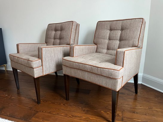 A Pair Of Edward Wormley For Dunbar - Arm Chairs - Herring Bone Wool Upholstery - Braided Leather Trim