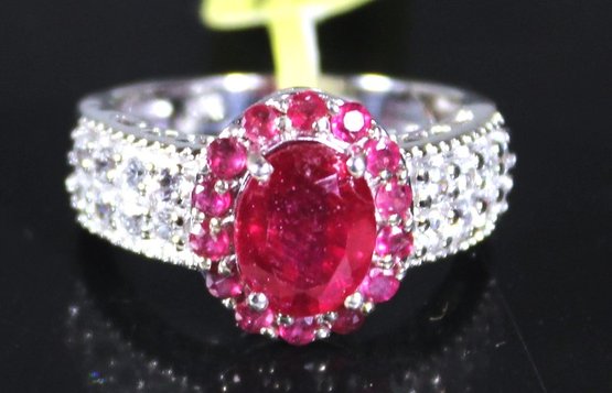 Sterling Silver Ladies Ring Having Ruby Stone W White Stones Size 7