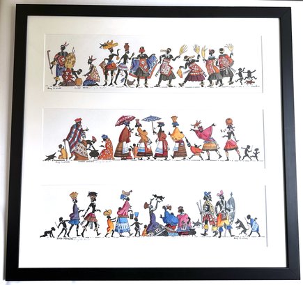 Lucy M. Wiles (1918-2008 South Africa) 3 Paneled Folk Frieze Print, Signed