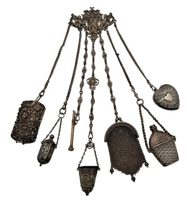 Antique Victorian Silver English Chatelaine & Accessories
