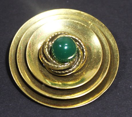 Retro MCM Gilt Brass Vintage Brooch Having Green Stone