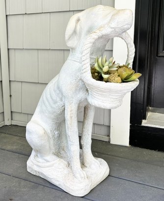 A Cast Fiberglass Planter In Dog Form With Basket - Great Stone Look Without All The Weight!
