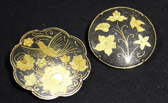 Two Vintage Damscane Broochese Birds And Flowers