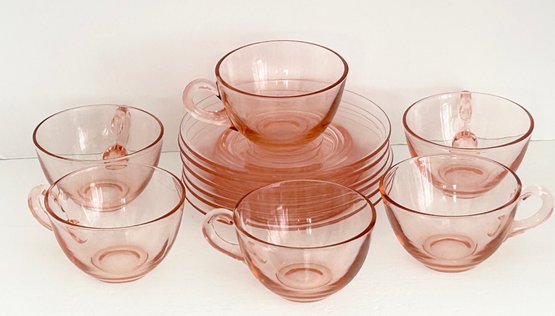 1920's - 1940's Pink Depression Glass 6 Cups 5 Saucers Possible Diamond Company Glassware