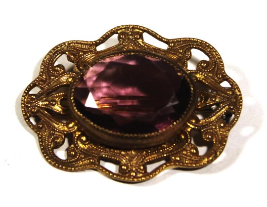 Victorian Gold On Brass Purple Glass Fancy Brooch