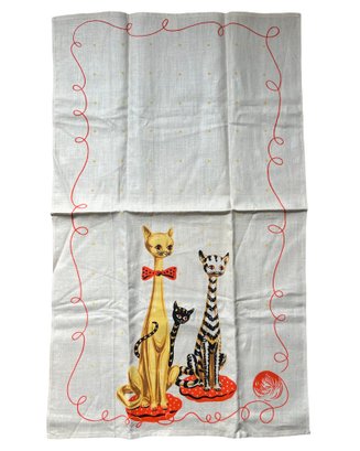 VTG Hand Printed 100 Linen Kitten  Cat Tea Towel - A Hardy Craft