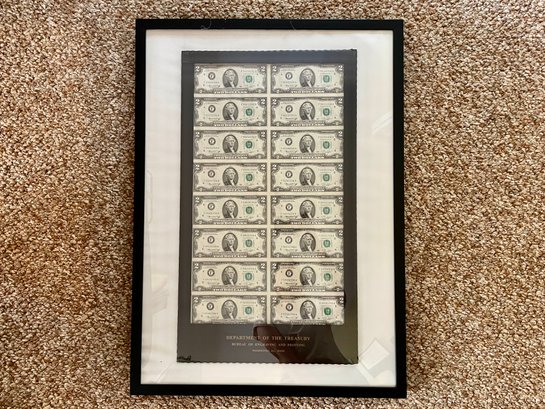 Framed Mint Sheet Of Sixteen - Two Dollar Bills (1976) From The Bureau Of Printing & Engraving