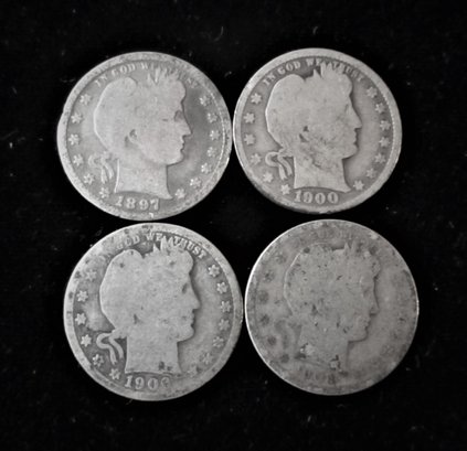 4 U.S. Barber Silver Quarters, 1897, 1900, 1906, 1908